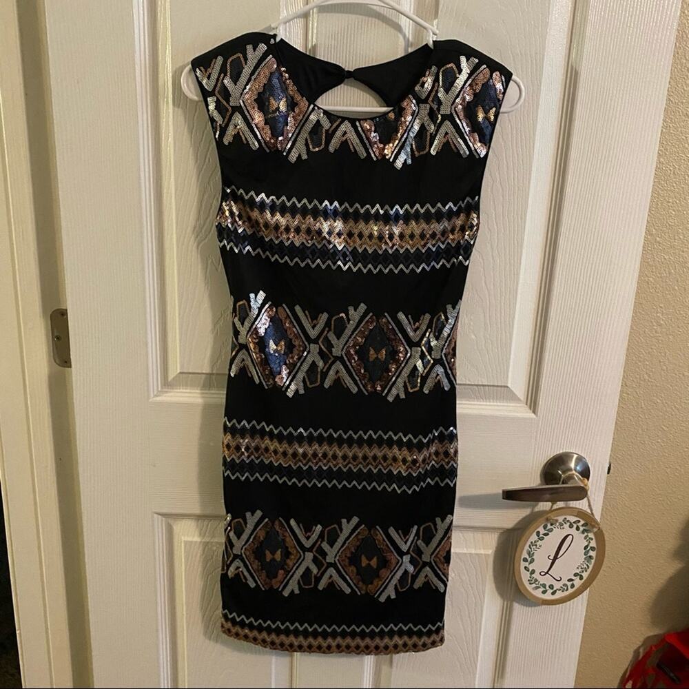 As U Wish Metallic Sequin Open Back Dress Women's Size Medium Black Sleeveless